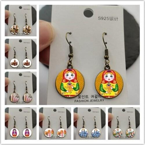 Traditional Russian Doll Earrings Retro Matryoshka Theme Cartoon Art Photoes Glass Dome Drop Earrings Women Girl Jewelry