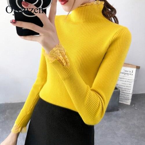 Knitted Women Sweater Female Pullovers Winter Basic Ladies Sweaters Lace Patchwork Neck Slim Black Yellow Pullover Clothing