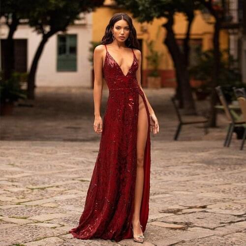 High Quality Girls Party Dress Spaghetti Strap Sleeveless Sequins High Side Split Bodycon Prom Dress