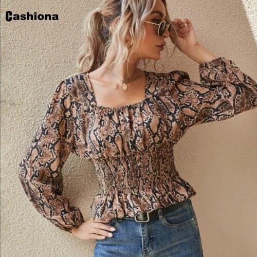 Sexy Women Clothing Leopard Top Streetwear Long Sleeve Pleated Blouse Square Collar Casual Pullovers Pull Jersey Mujer Femme