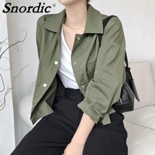 2021 Women Autumn 100 Cotton Short Jacket Coat Turn-down Collar Single Breasted Safari Style Straight Outerwear