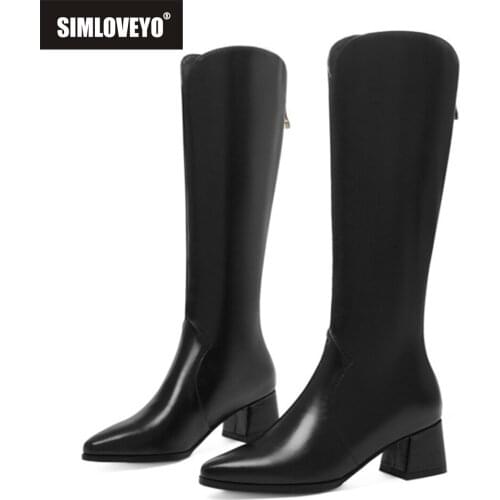 SIMLOVEYO 2021 Autumn Women Boots Pu Leather Pointed toe Zipper Knee Boots Winter Cowboy Boots Fashion Western Boots Woman Denim