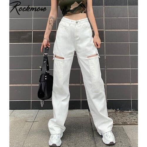 Rockmore Vintage Hollow Out WomenS Jeans Plus Size Pockets White Harajuku Korean Baggy Straight Pants StreetWear Wide Leg Jeans