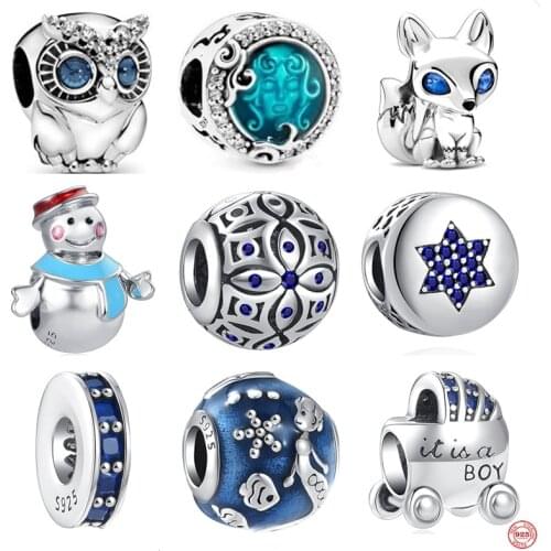 925 Sterling Silver Blue Pave Enamel Owl Frog Bead Fit Original Pandora Bracelet&Bangle Making Fashion DIY Jewelry For Women