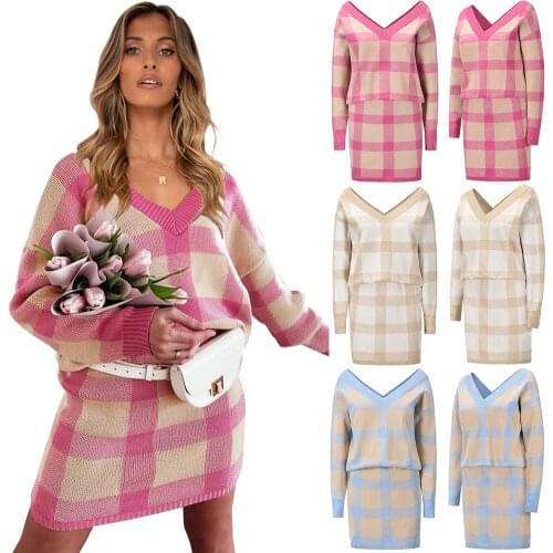 Womens Two Pieces Sets V-Neck Plaid Knitted Sweater+Miniskirt Outfit Casual Long Sleeve Pullover Tops Bodycon Skirt Suits