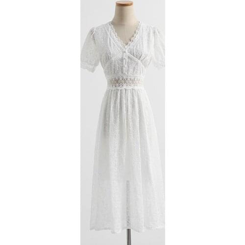 New Coming Elegant V-Neck White Lace Dress Women Summer Sexy High Waisted Hollow out Dresses Puff Sleeve Button Vestido Feminino