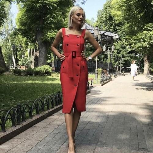 Women Office Lady Spaghetti Strap Sashes Sheath Dress Square Collar Sleeveless Side Button Elegant Dress 2021 New Women Dress