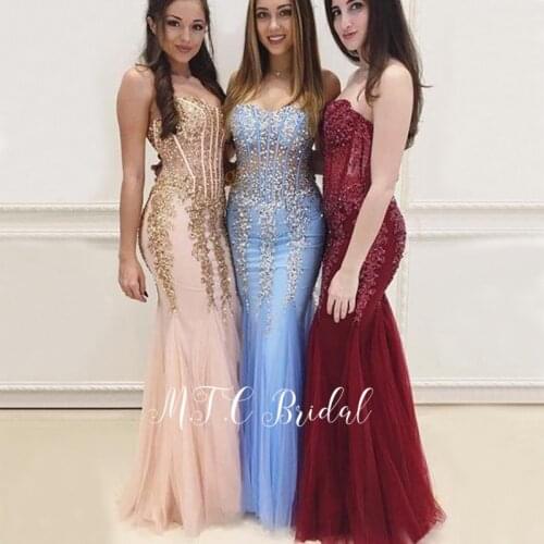 Amazing Mint Blue Mermaid Evening Dress See Through Crystals Appliques Strapless Tulle Long Prom Gowns 2019 Custom Made