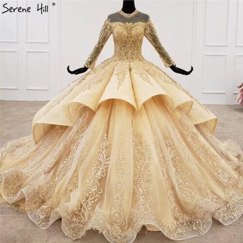 Gold O-Neck Ruffles Luxury High-end Wedding Dresses 2020 Beading Sequins Long Sleeves Bridal Gown BHX0078 Custom Made