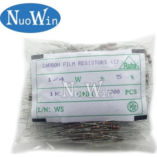 1000pcs 1/4W Carbon Film Resistor 5% 1R ~ 10M 0R 10R 100R 220R 330R 1K 2.2K 3.3K 4.7K 10K 22K 47K 100K 1M 0 10 100 220 330 ohm