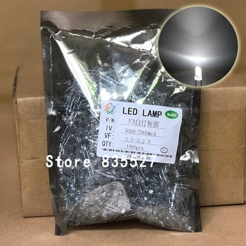 1000PCS/LOT F3 3MM Round Transparent Shell Nature White LED Light-emitting Diodes Water Clear For DIY Light lamp beads DIP