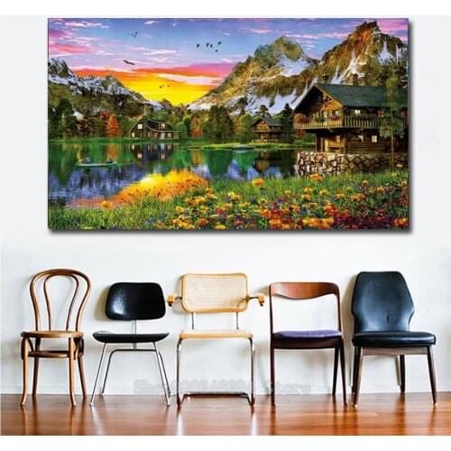 DIY 5D Diamond Painting Mountain lake chalet sunset Full square round diamond Cross Stitch Rhinestone Mosaic Decor Picture FF439
