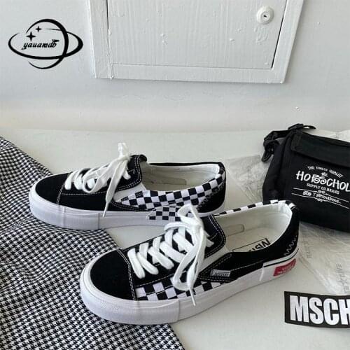 35-44 Plus Size Womens Vulcanize Shoes Female Spring Autumn Canvas Shoes Lace-up Checkered Anti-slippery Ladies Shoes H37