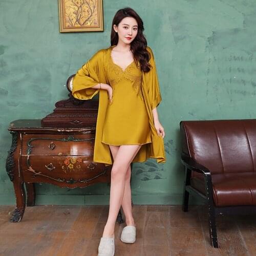 Spring Sexy Lace Trim Women Robe Set With Belt Chest Pad Bathrobe Satin Patchwork Soft Touch Pyjamas Homewear