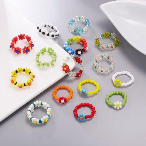 Fashion Transparent Acrylic Flower Ring Korean Style Handmade Colorful Beaded Elastic Rings For Women Girl Party Jewelry Gifts