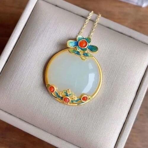 Natural Hetian Jade round Plate Pendant Womens Sterling Silver Gilding Burning Blue Lotus Old Beijing Burning Blue Ornament to