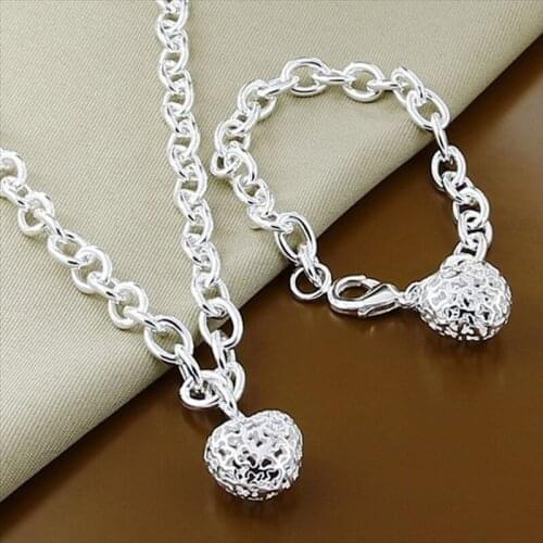New 925 Sterling Silver Heart-Shaped Net Bracelet Necklace 18 Inch Necklace 8 Inch Bracelet Engagement Party Wedding Women Fashi