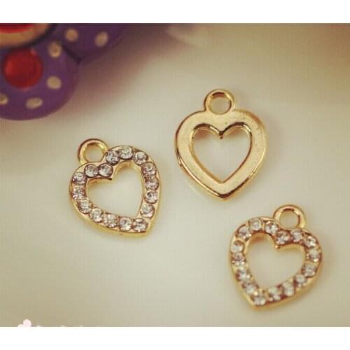 Wholesale Trendy Rhinestone decoration alloy gold-color hollow out hearts shape charms diy earring/necklace/bracelet pendants