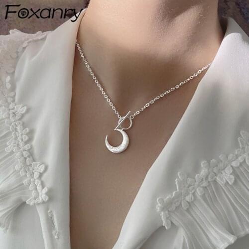 Foxanry 925 Sterling Silver Clavicle Chain Necklace for Women New Trend Sparkling Moon Pendant Bride Jewelry Party Accessories