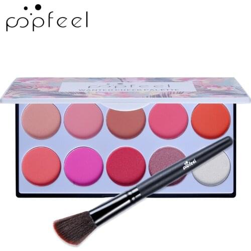 POPFEEL 10 Color Matte Blusher Palette + Brush Facial Makeup Foundation Nude Pigment Cosmetics Blush Powder Natural Blusher 58g