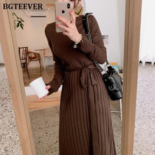 Elegant Long A-line Women Sweater Dress O-neck Lace Up Female Knitted Dresses 2019 Autumn Winter Warm Pullovers Sweater Vestidos