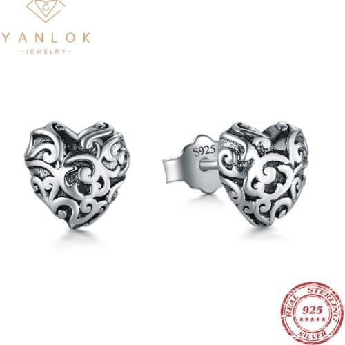 YANLOK New Design Genuine 925 Sterling Silver Vintage Pattern Heart Stud Earrings for Women and Men Punk Jewelry 2022 Brincos