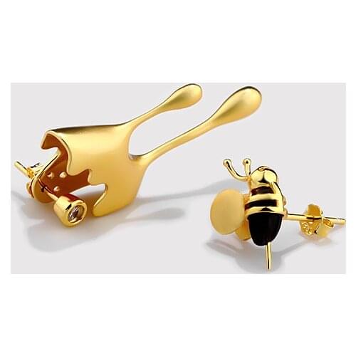 Silvology 925 Sterling Silver Bee and Honey Earrings for Women Creative Funny Exaggeration Asymmetrical Earring Designer Jewelry