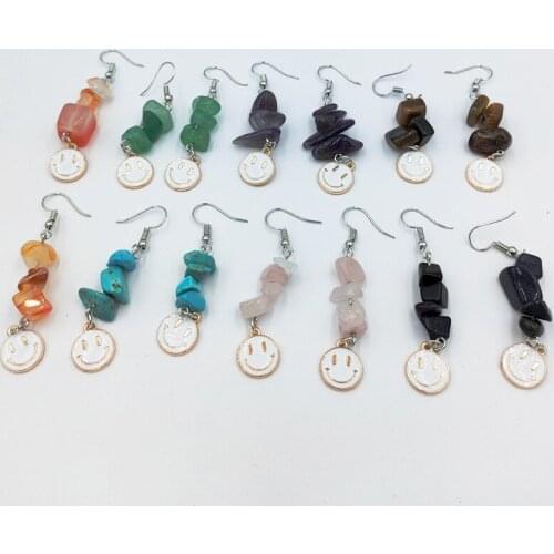 Fashion Natural Stone Dangle Earrings For Women Irregular Healing Crystal Chips Long Fringed Smile Face Drop Earrings Jewelry