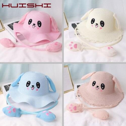 HUISHI Hats For Girls Summer Sun Hat Straw Cartoon Dance Airbag Ears Rabbit Cap Kids Bucket Straw Cap For Children Boys Girls