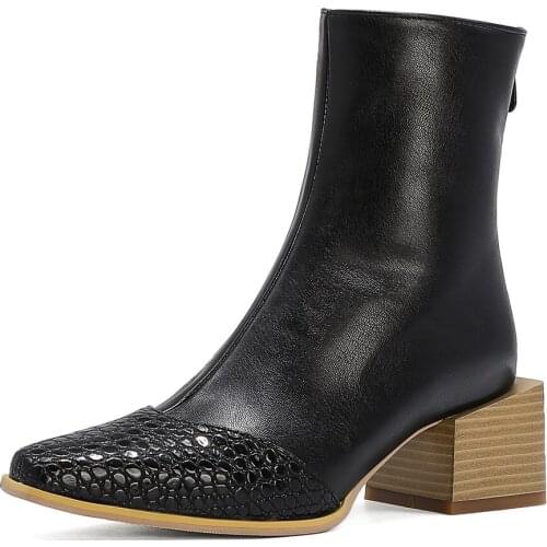 Imitation Wood Grain Wedge Patchwork Stone Grain Womens Boots Square Heel Stripe Ankle Boots Chunky Heel Multicolor Fashion