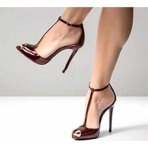Summer New Women Burgundy Leopard Peep Toe Patent Leather Stiletto Heel Pumps Ankle Strap Stiletto Heel Dress Party Shoes Lady