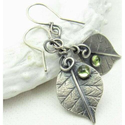 Antique Vintage Leaf Green Stone Earrings for Women Silver Color Boho Ethnic Tribal Leaf Branch Drop Dangle Ancient Earrings