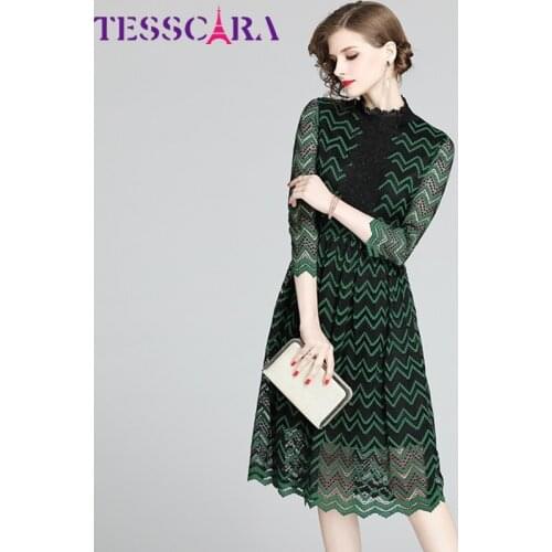 TESSCARA Women Spring Elegant Green Lace Dress Festa Female Office Party Robe High Quality Vintage Designer Cocktail Vestidos