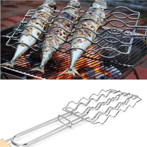 1 Piece Fish Barbecue Grill Basket Folding Portable Iron Material Barbecue Gadget Grill Basket for Fish Vegetable Shrimp