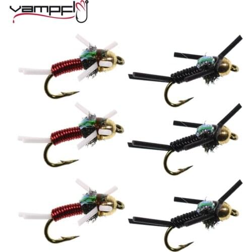 Vampfly 6pcs #6 Rubber Leg Bead Head Stonefly Nymph Flasher Back Trout Fishing Fly Black & Red