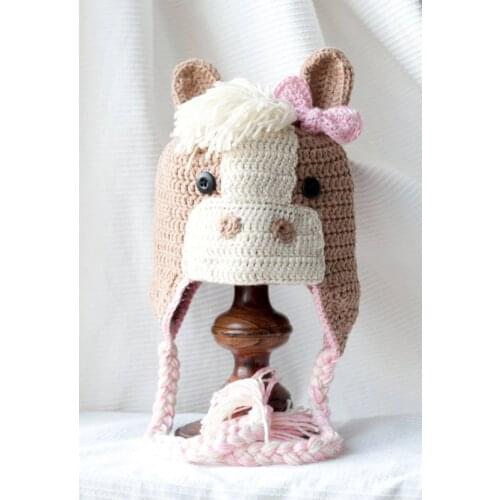 Free shipping, Cute Handmade Dark Horse Colts Baby Knit Hat Cap Photo Prop,girls horse hat 100% Cotton Childrens Earflap Hat