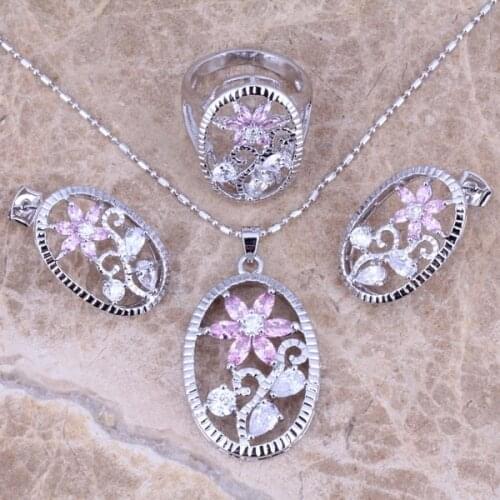 Glittering Pink White CZ Silver Plated Jewelry Sets Earrings Pendant Ring Size 6 / 7 / 8 / 9 / 10 S0173