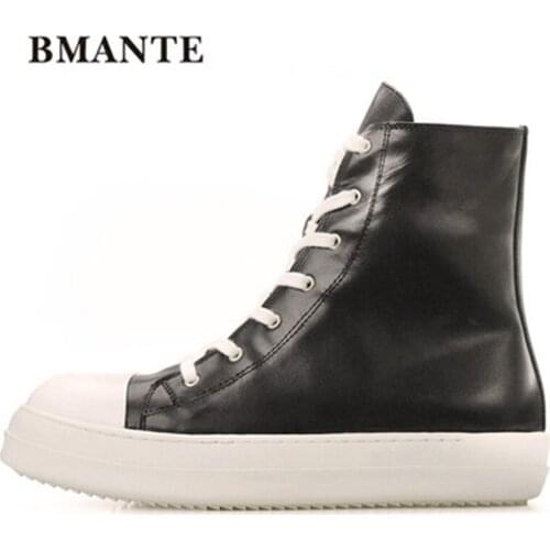Male High Top Ankle Boots Lace-Up Zip New Men Genuine Leather Casual Shoes Trainers Men Owen Shoes Flats Spring Black Sneaker
