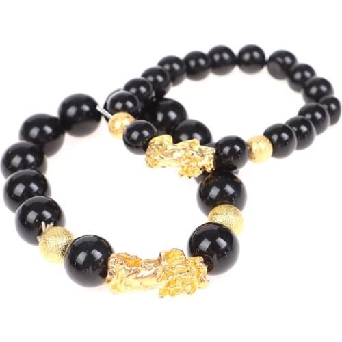 Feng Shui Obsidian Stone Beads Bracelet Men Women Unisex Wristband Gold Black Pixiu Wealth And Good Luck Women Bracelet