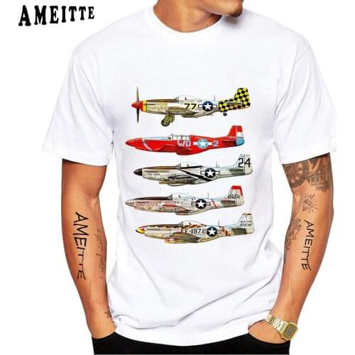 New Summer Men Short Sleeve North American P-51 Fighter Print T-Shirt Funny Hip Hop Boy Casual Tops Vintage Man White Tees