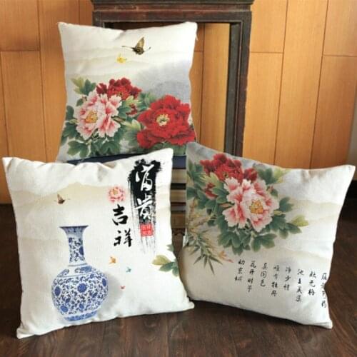 Chinese Decorative Pillows For Sofa Cotton Linen Cushion Cover Blue and white porcelain Poeny Flower Luxury Pillow Case 45x45cm