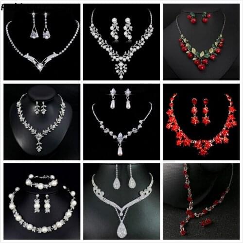 Luxury Romantic Sterling Link Chain Crystal Pearl Pendant Jewelry Set For Women Choker Wedding Jewelry Set