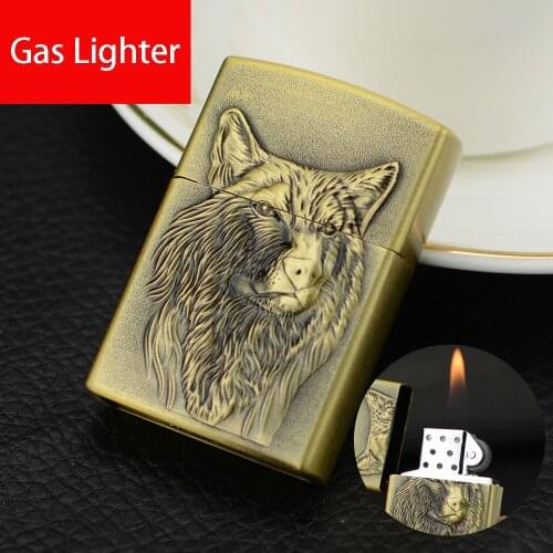 Creative Butane Gas Inflate Lighter.Bronze Relief Carving Wold Pattern Open Fire Flint Wheel Ignite Cigarettes Accessories Smoke