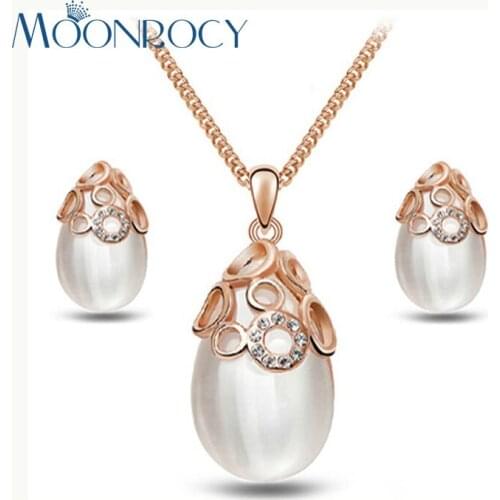 MOONROCY Jewelry Free Shipping Rose Gold Color Cubic Zirconia Opal waterdrop Jewelry Set Necklace and Earring for Women Gift