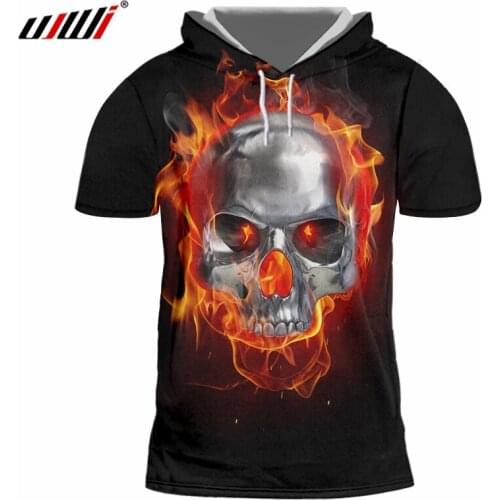 UJWI Mens Hip Hop Red Polyester Hooded Tshirt 3D Printed Creative Flame Skulls Tee Shirt Man T-shirt Streetwear Wholesale