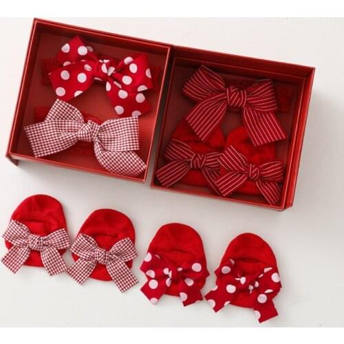 2021 Newborn Baby Headband Socks Decor Set Joyous Red Bows Headband + Non-slip Floor Socks 3pcs/Set 100 Days Gift Infant Stuff