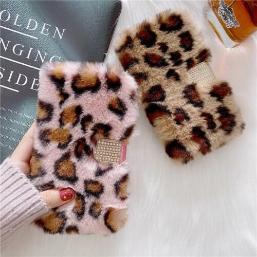 Luxury Leopard Print Fuzzy Phone Case For iphone 11 Pro Max 7 8 plus X XR XS Max SE 2020 Flip Cover Wallet Case Cute Fluffy Capa