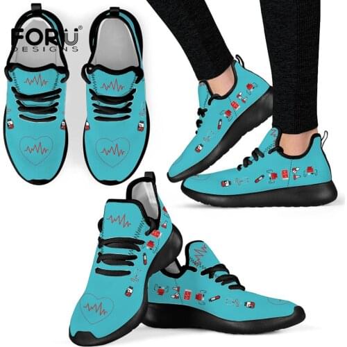 FORUDESIGNS Blue Nurse Heart Pattern Sneakers Women Comfortable Walking Footwear Flat Nursing Shoes Spring/Autumn Lace Up Shoes