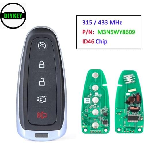 DIYKEY Smart Remote Start Prox Key 5 Button 315MHz / 433MHz ID46 Chip Fob Transmitter for Ford Edge Escape Flex FCC: M3N5WY8609