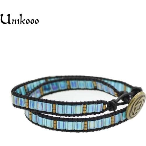 Unisex Bracelet Boho Miyuki Seeds Beads Wrap Bracelet Leather Wrap Bracelet 2 Strands Stone Rope Jewelry Simple Blue Bracelet